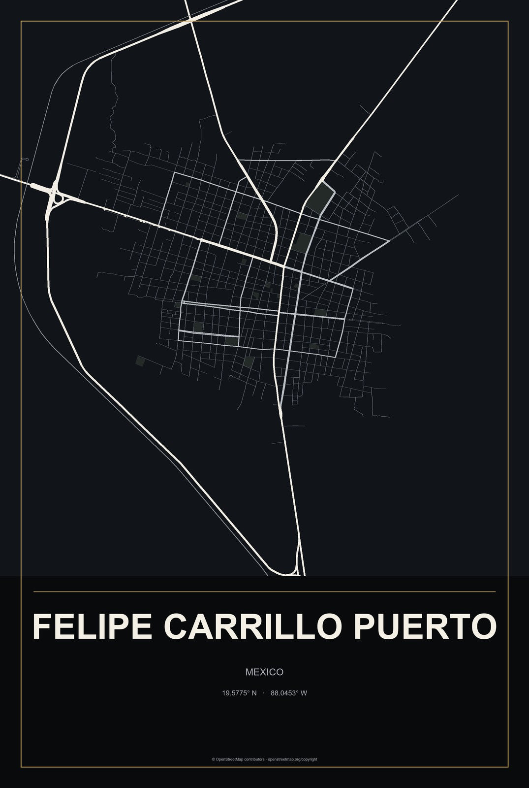 Felipe Carrillo Puerto, Quintana Roo, Mexico City Map Aluminum Sign in Metropolitan Noir style