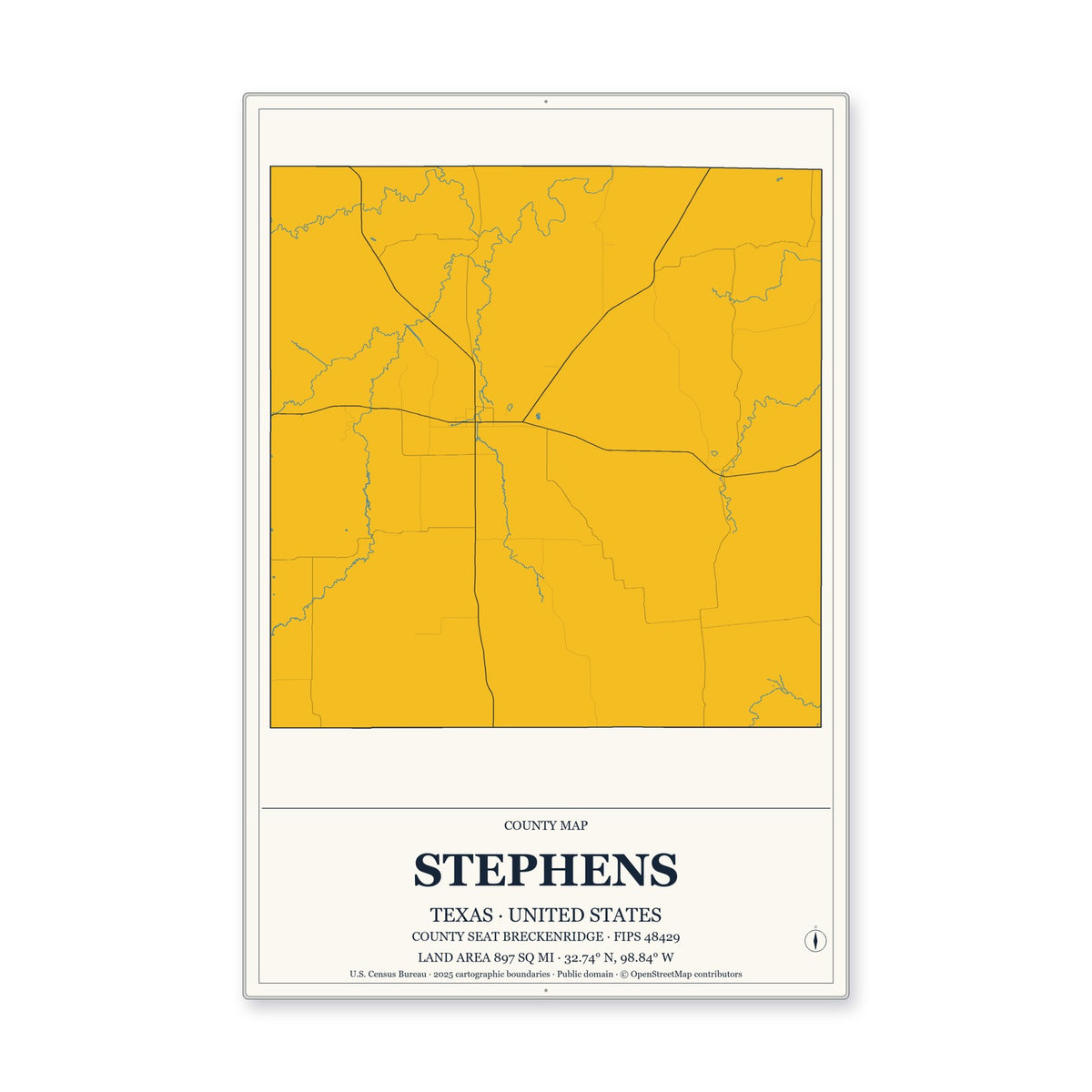 Stephens County, Texas Map Aluminum Sign in Citrine Modern style