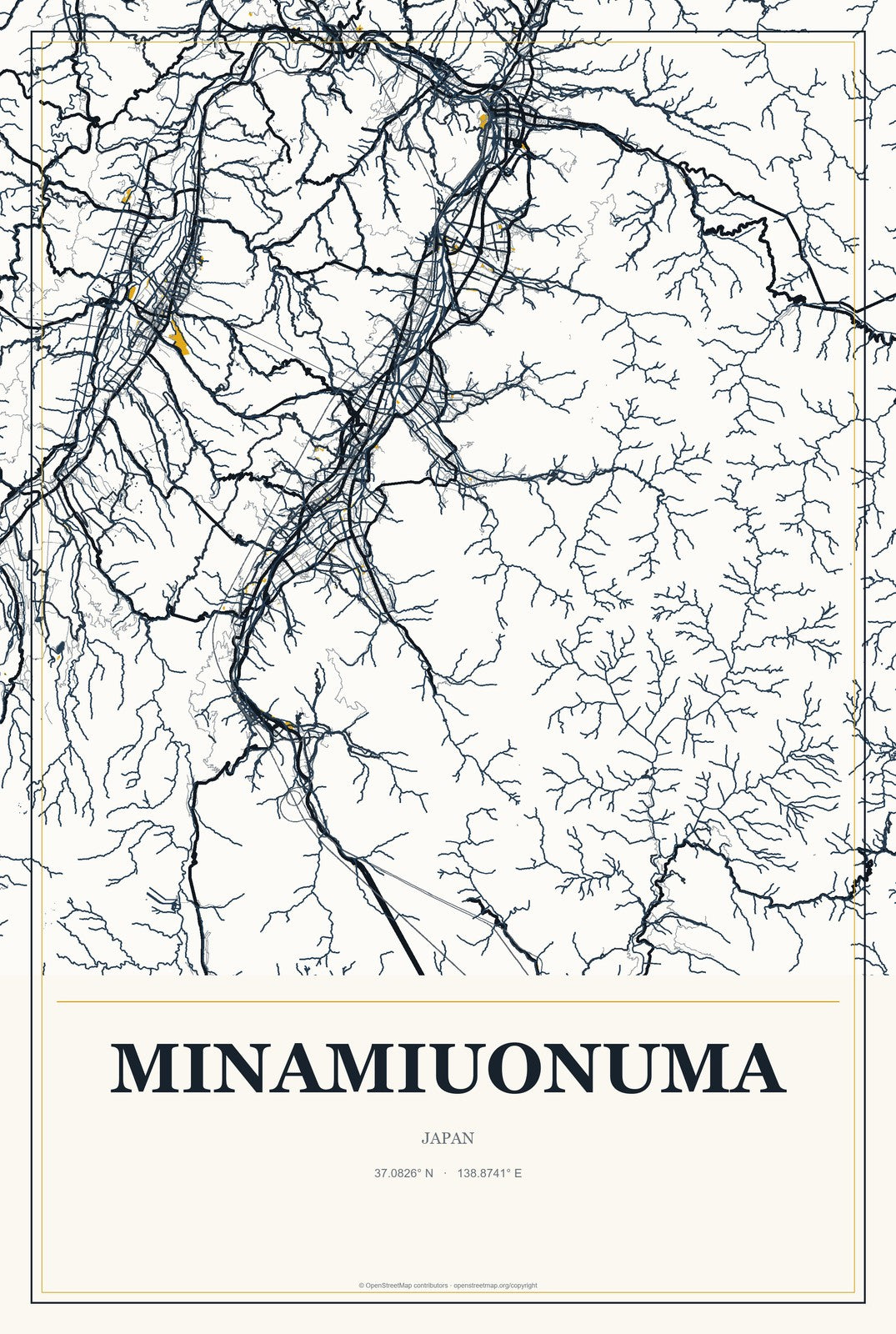 Minamiuonuma, Japan City Map Aluminum Sign in Citrine Modern style