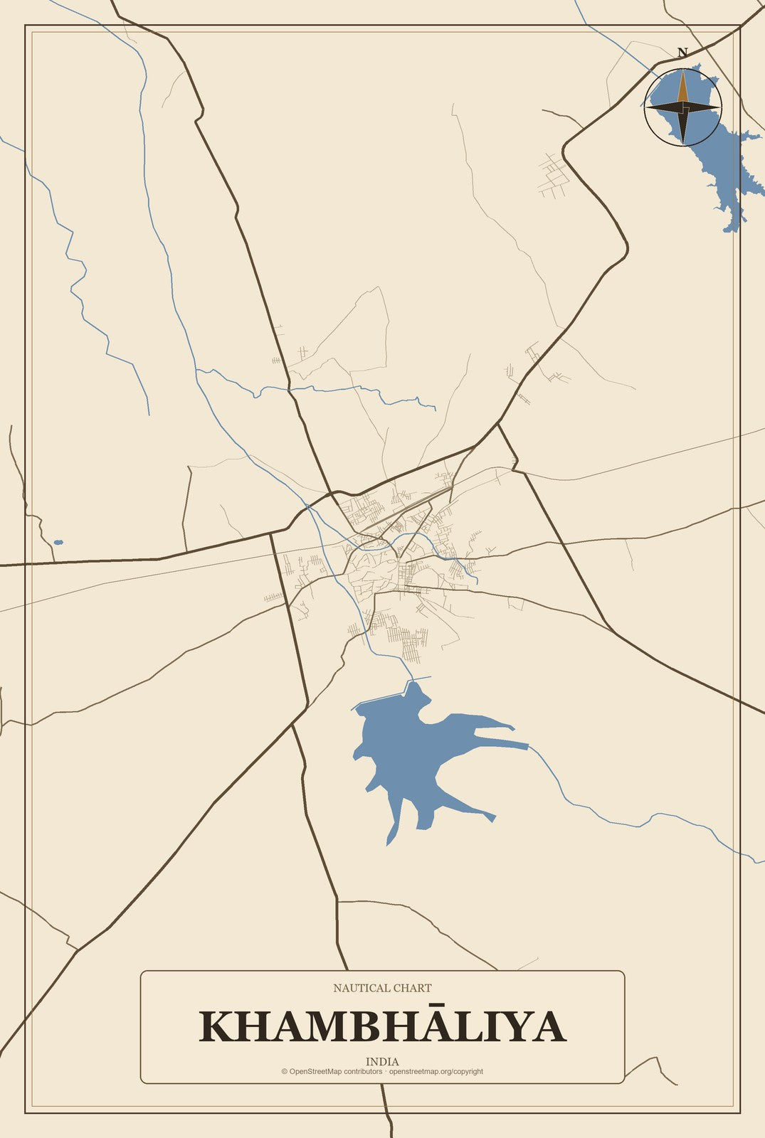 Khambhāliya, India City Map Aluminum Sign in Heritage Nautical style