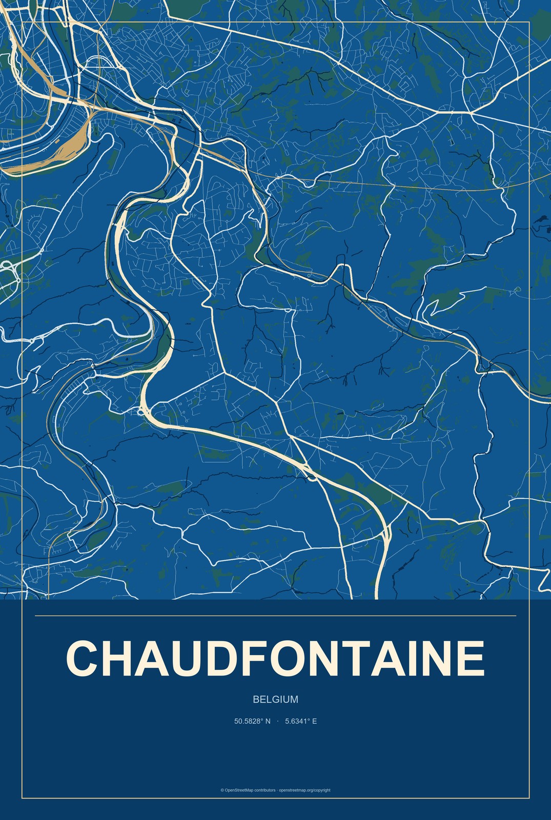 Chaudfontaine, Belgium City Map Aluminum Sign in Harbor Cobalt style