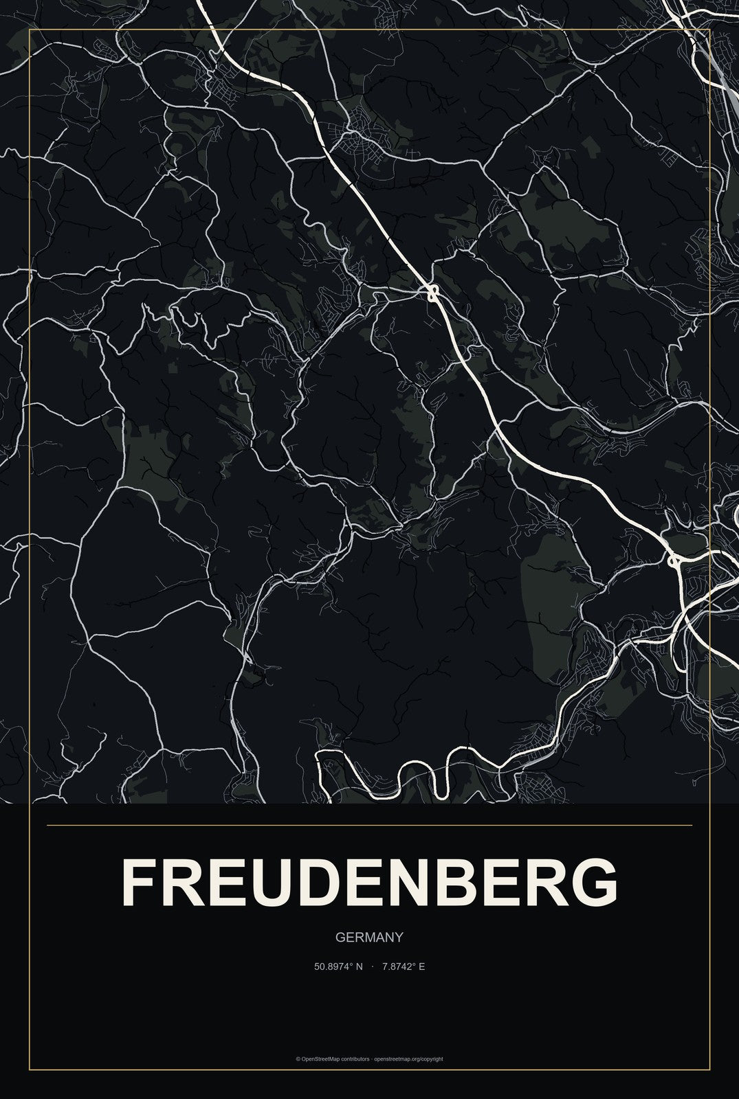 Freudenberg, Germany City Map Aluminum Sign in Metropolitan Noir style