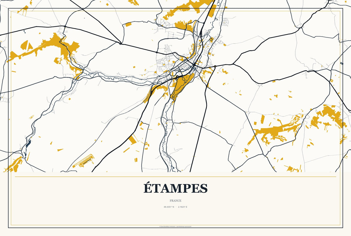 Étampes, France City Map Aluminum Sign in Citrine Modern style