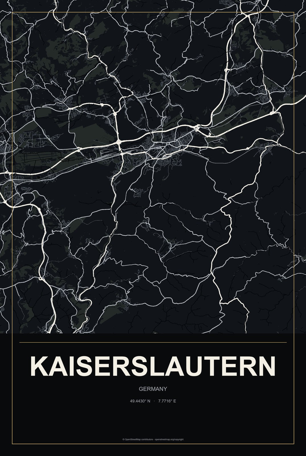 Kaiserslautern, Germany City Map Aluminum Sign in Metropolitan Noir style