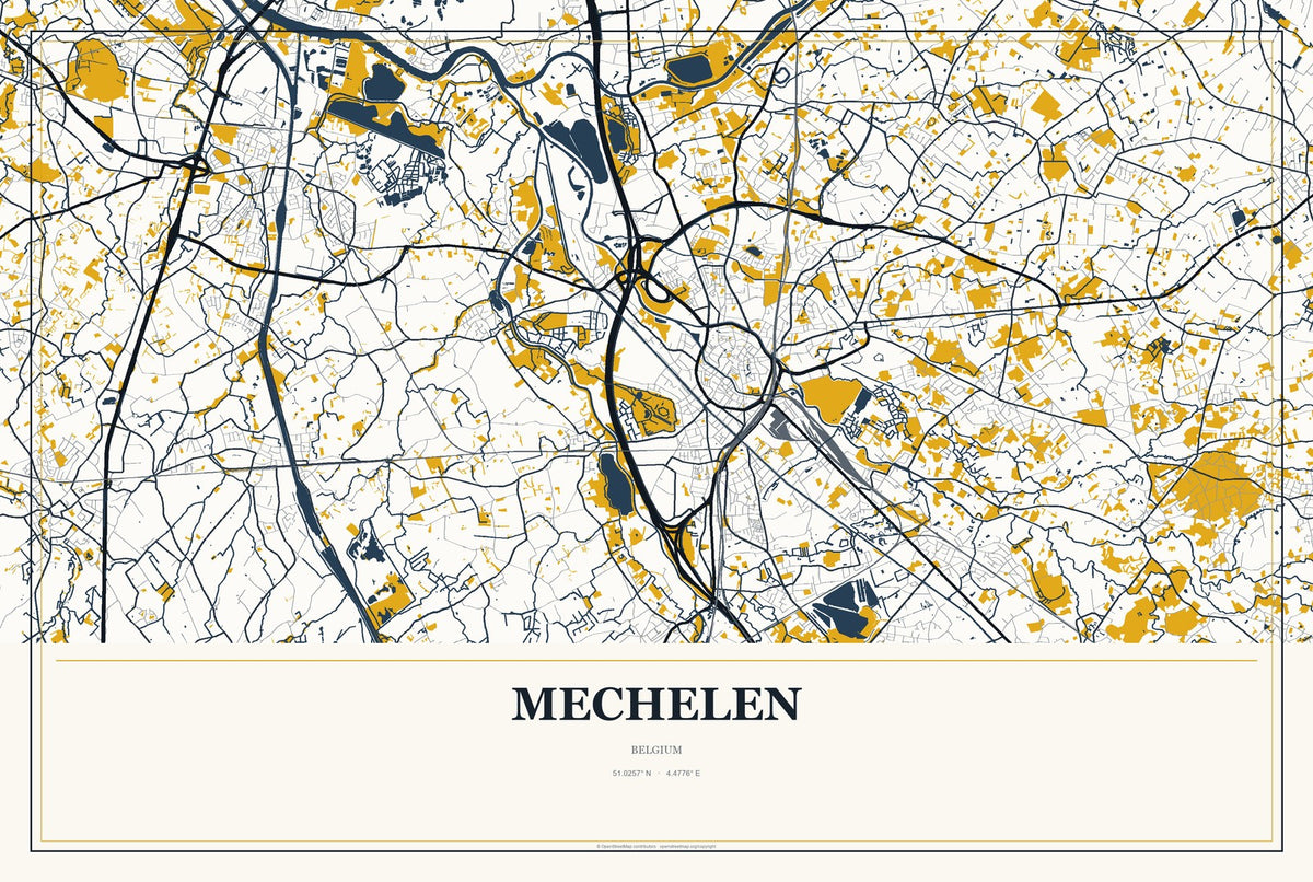 Mechelen, Belgium City Map Aluminum Sign in Citrine Modern style