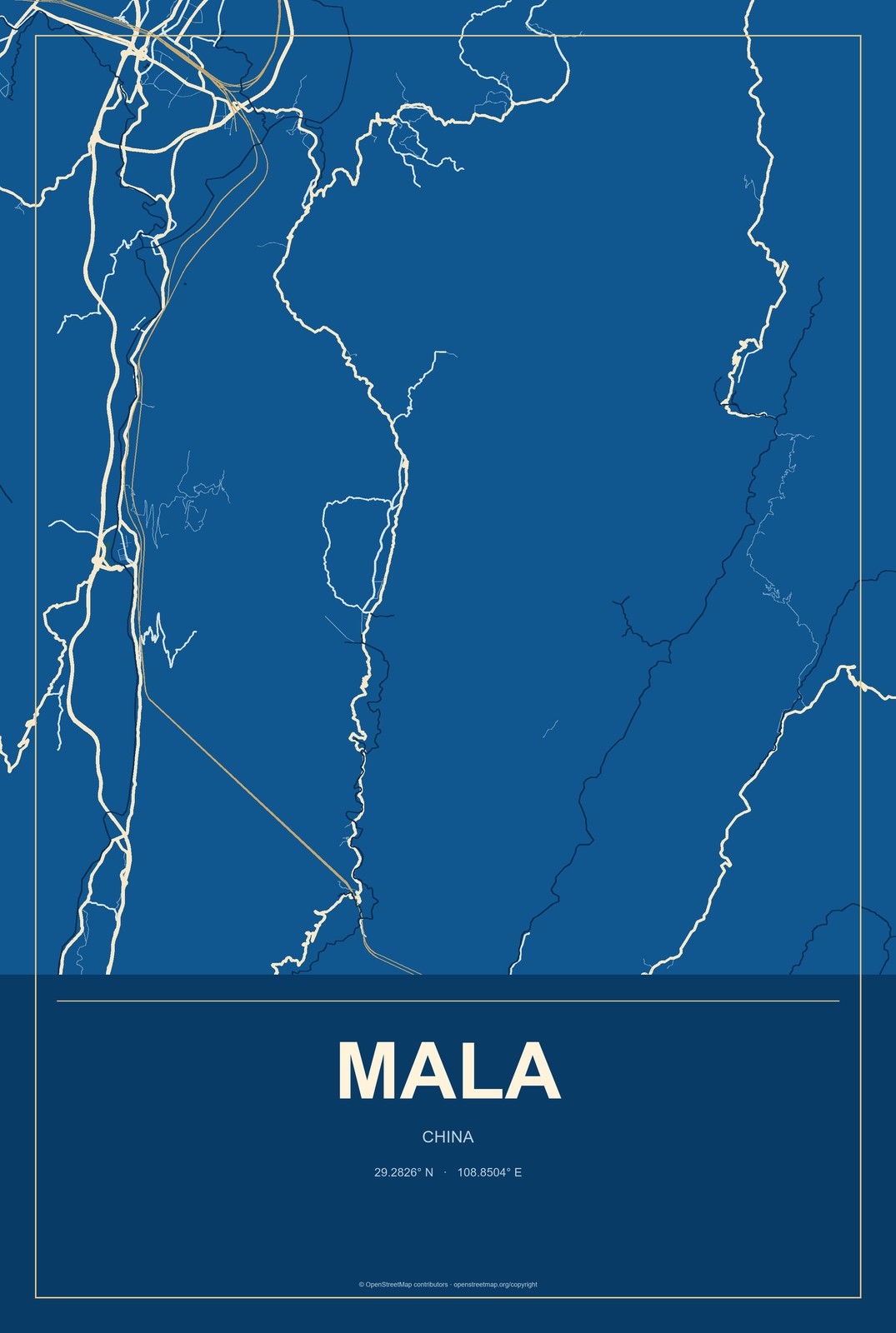 Mala, China City Map Aluminum Sign in Harbor Cobalt style