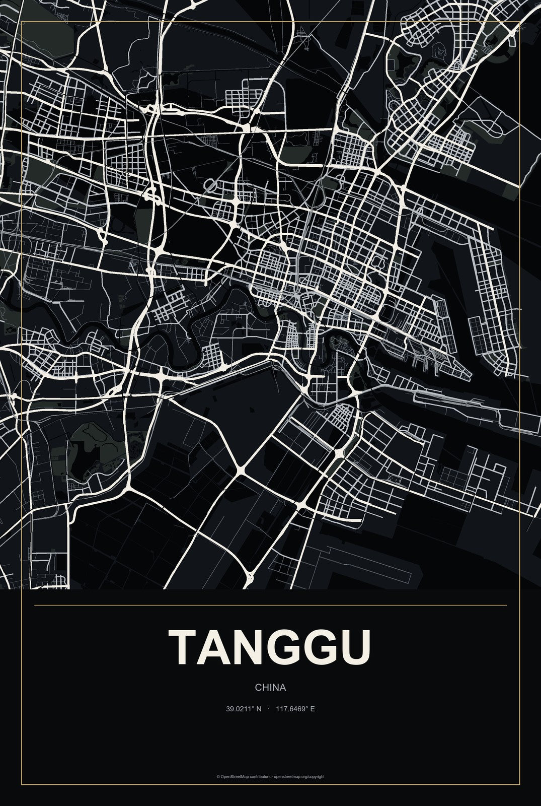 Tanggu, China City Map Aluminum Sign in Metropolitan Noir style