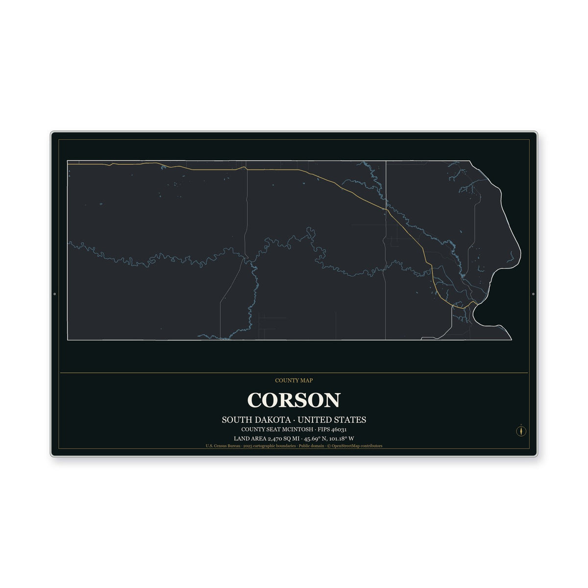 Corson County, South Dakota Map Aluminum Sign in Metropolitan Noir style