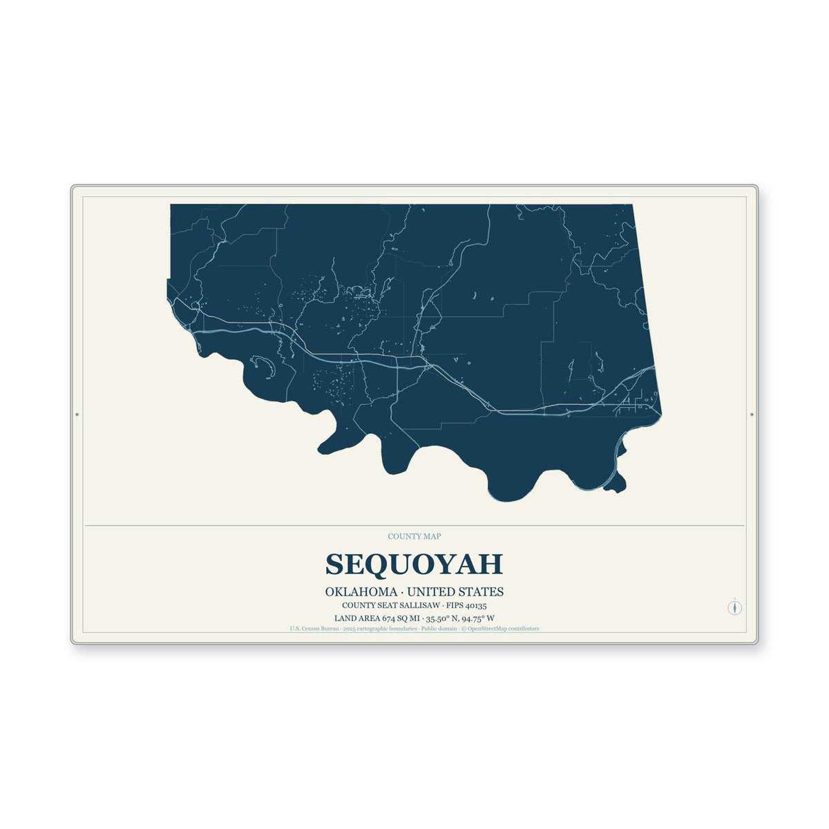 Sequoyah County, Oklahoma Map Aluminum Sign in Coastal Cutout style