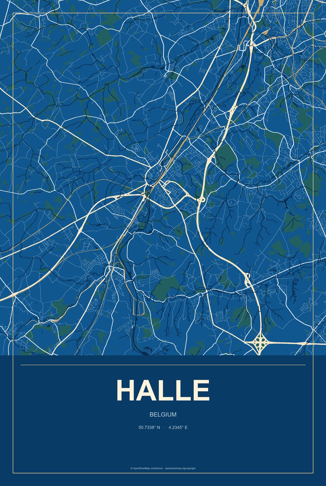 Halle, Belgium City Map Aluminum Sign in Harbor Cobalt style