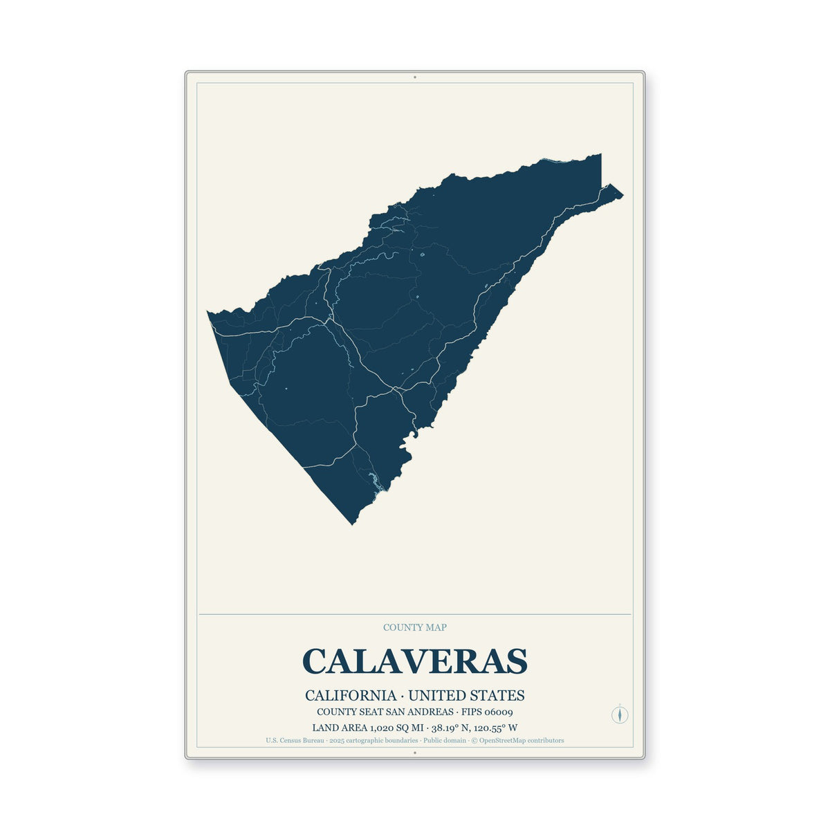 Calaveras County, California Map Aluminum Sign in Coastal Cutout style