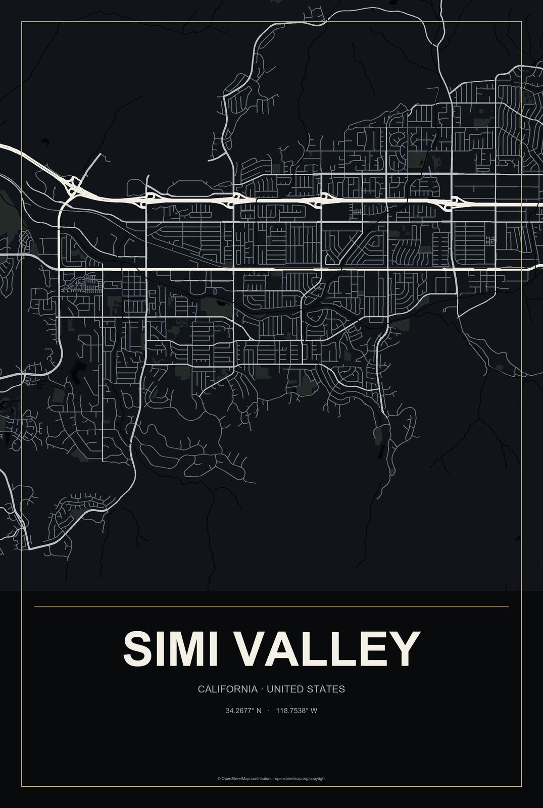 Simi Valley, California City Map Aluminum Sign in Metropolitan Noir style