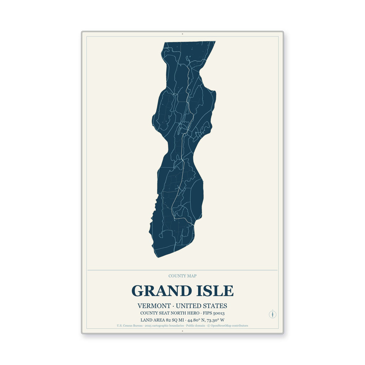 Grand Isle County, Vermont Map Aluminum Sign in Coastal Cutout style