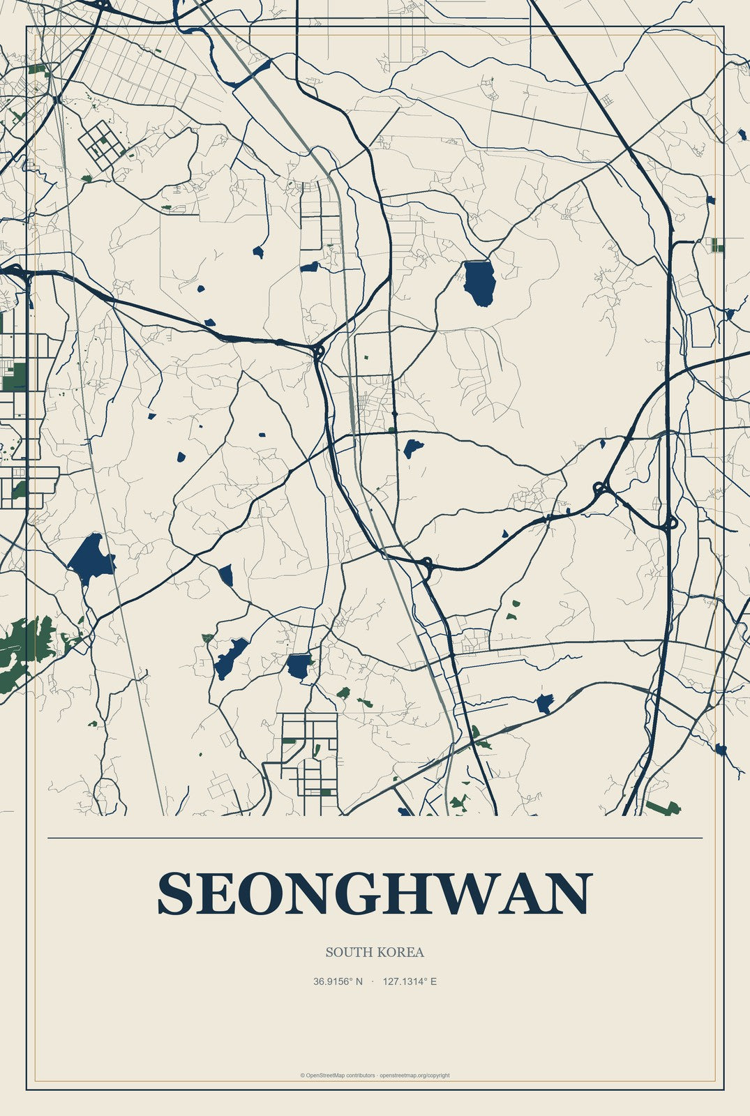 Seonghwan, South Korea City Map Aluminum Sign in Coastal Cutout style