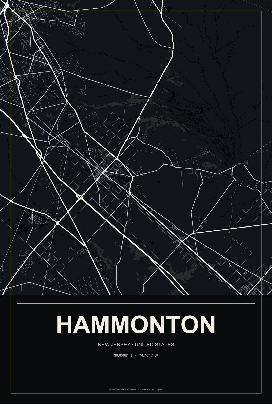 Hammonton, New Jersey City Map Aluminum Sign in Metropolitan Noir style