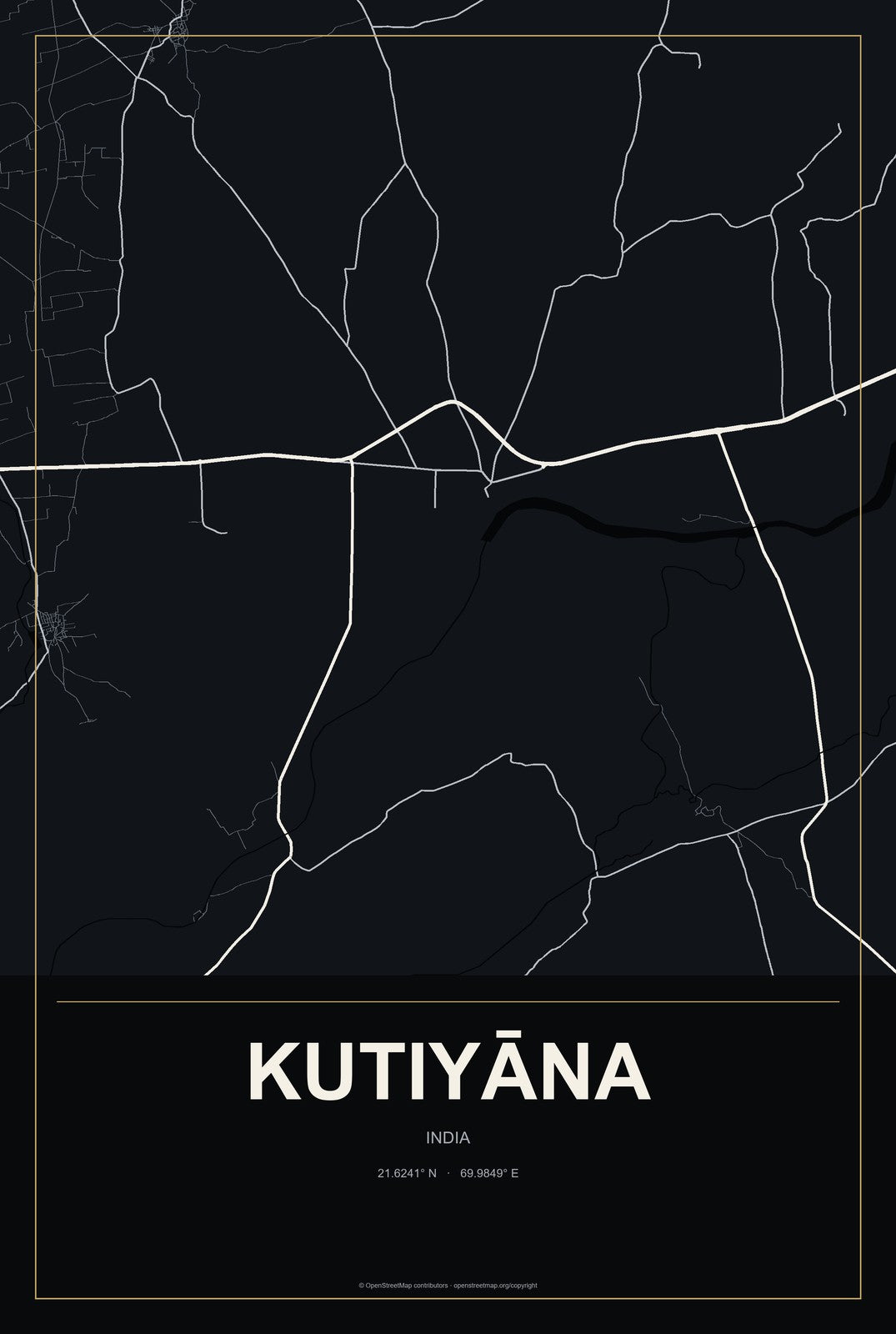 Kutiyāna, India City Map Aluminum Sign in Metropolitan Noir style