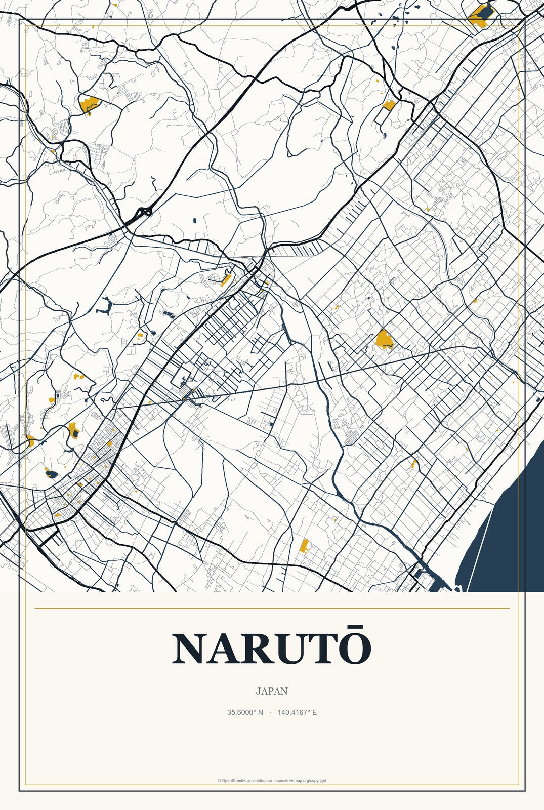 Narutō, Japan City Map Aluminum Sign in Citrine Modern style