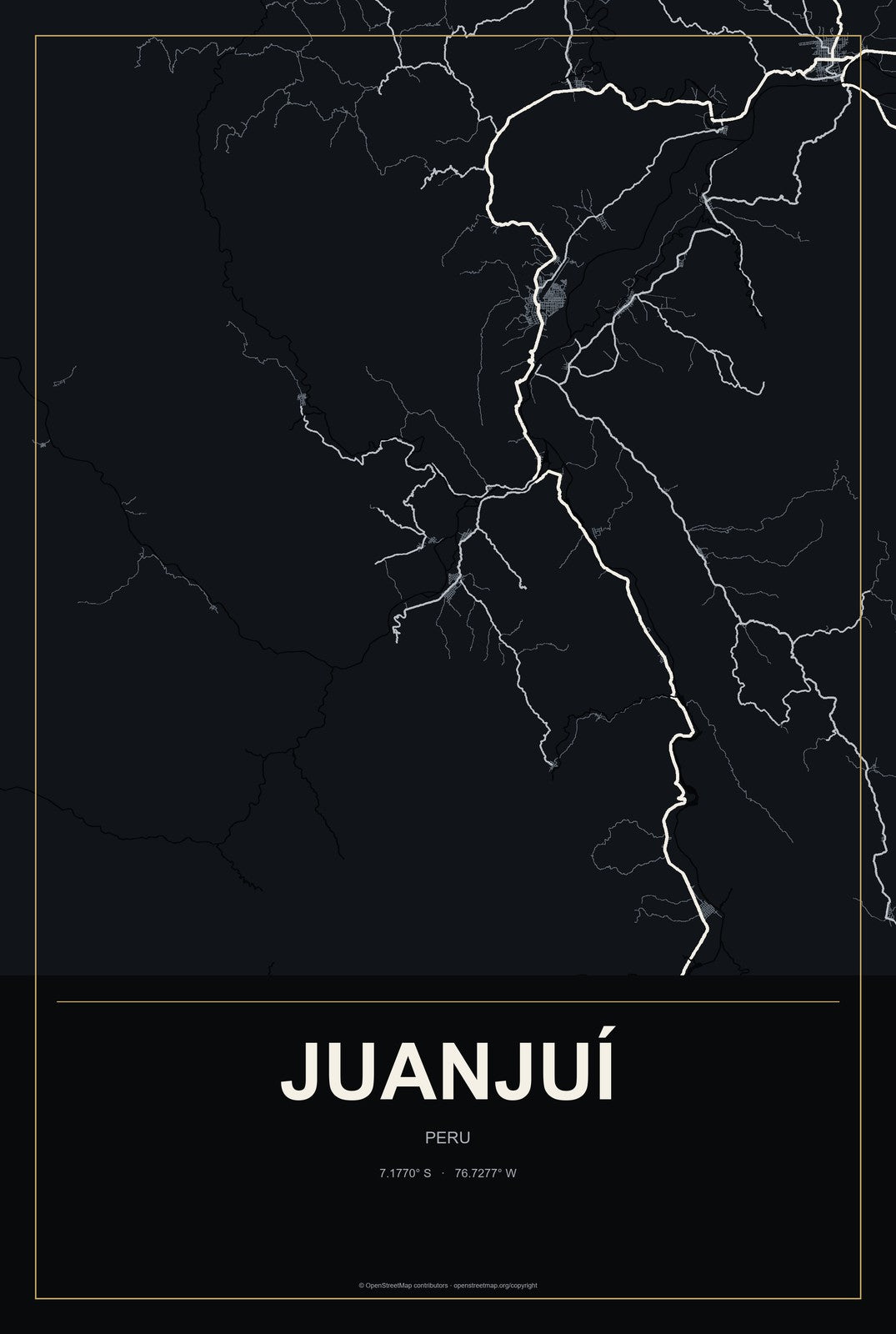 Juanjuí, Peru City Map Aluminum Sign in Metropolitan Noir style