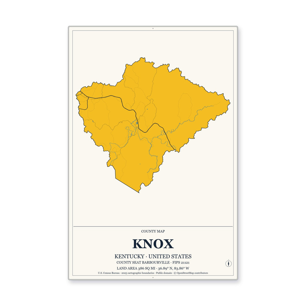 Knox County, Kentucky Map Aluminum Sign in Citrine Modern style