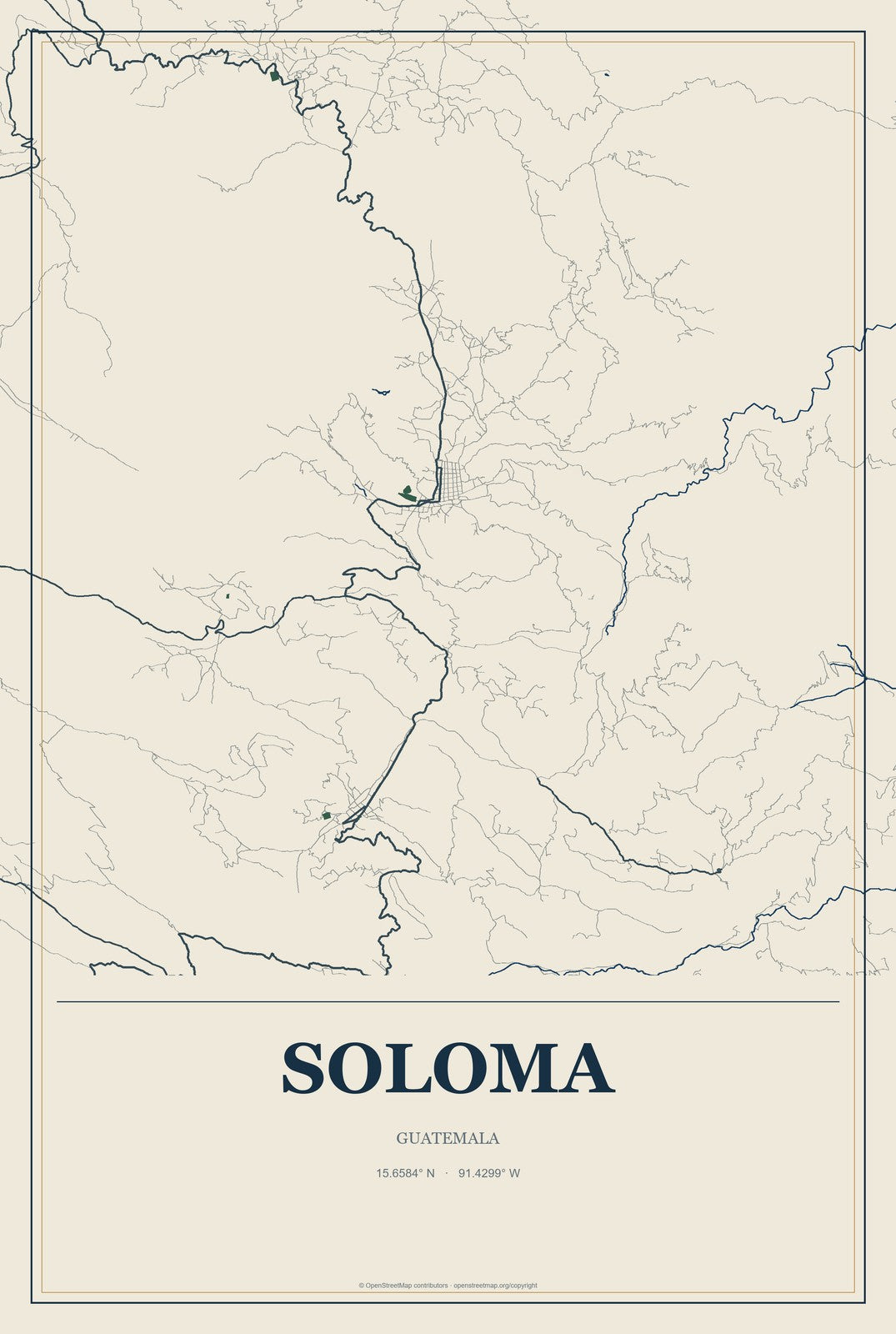 Soloma, Guatemala City Map Aluminum Sign in Coastal Cutout style