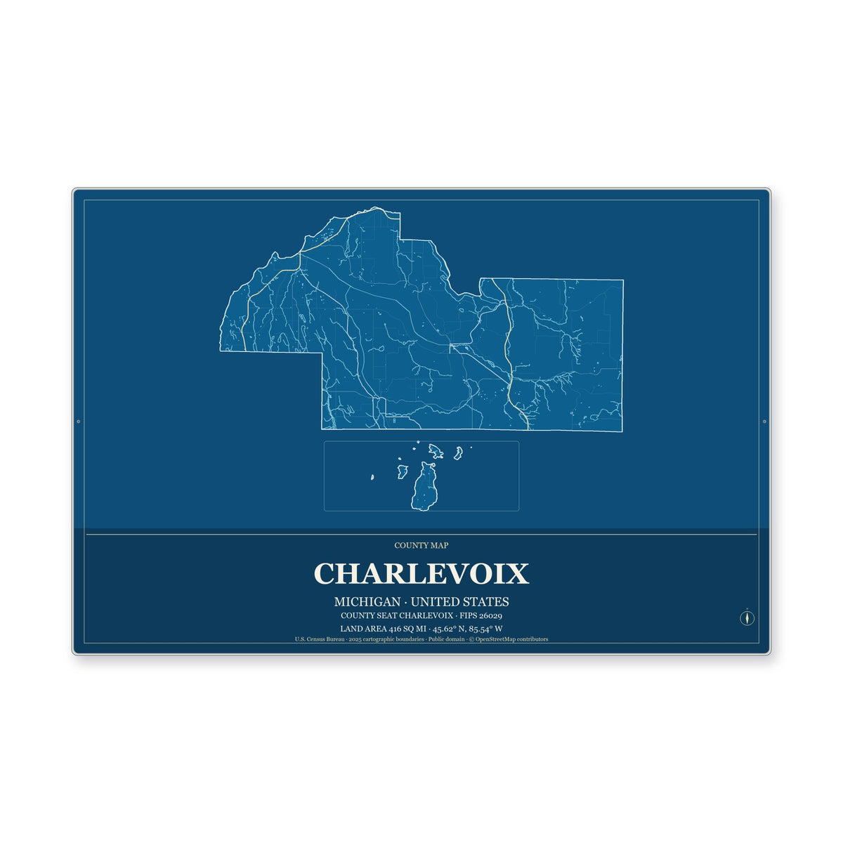 Charlevoix County, Michigan Map Aluminum Sign in Harbor Cobalt style