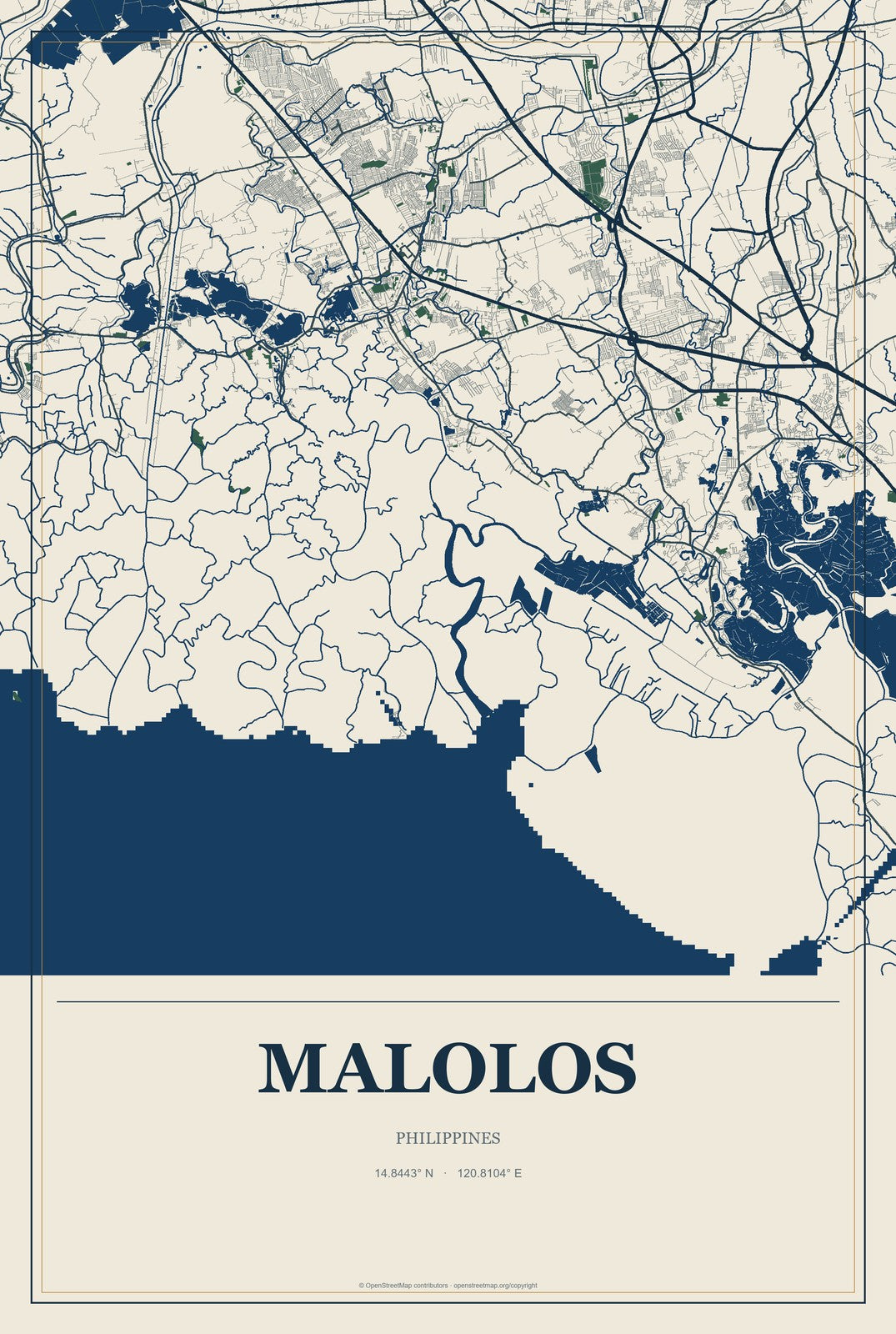 Malolos, Philippines City Map Aluminum Sign in Coastal Cutout style