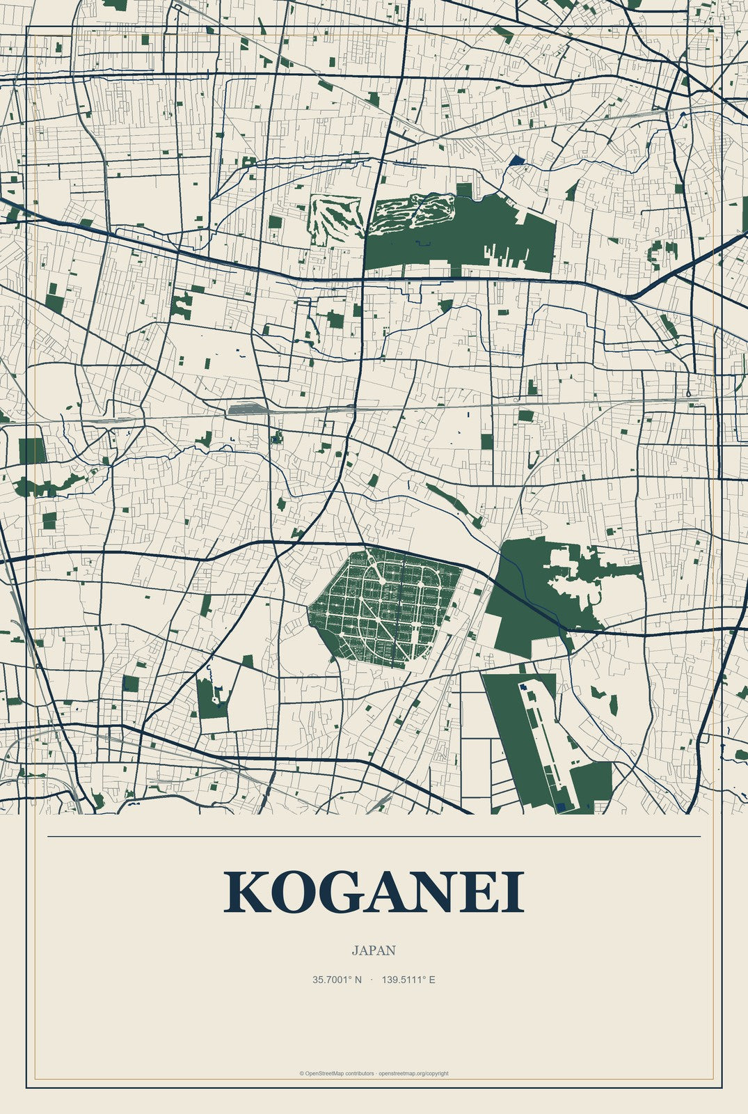Koganei, Japan City Map Aluminum Sign in Coastal Cutout style