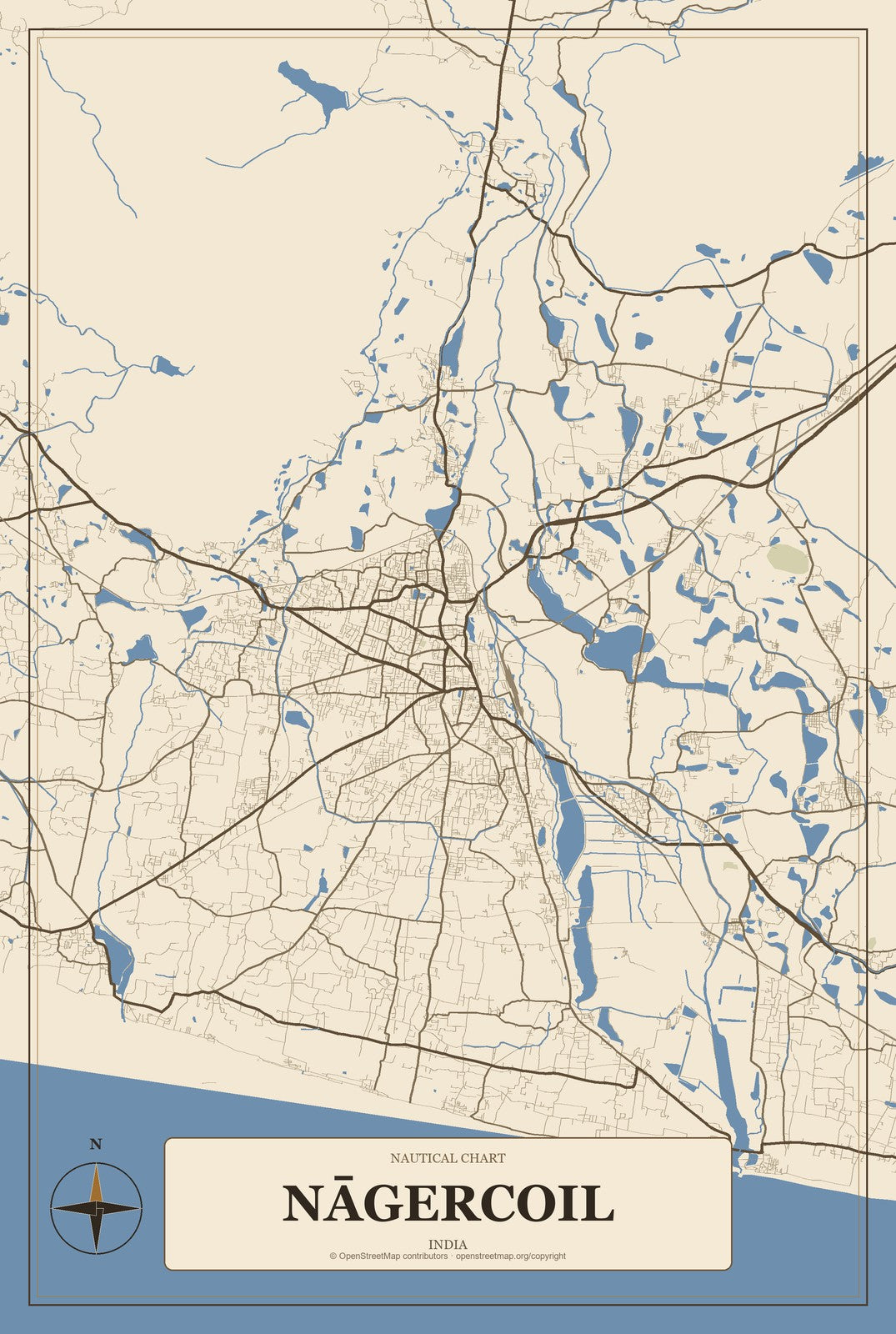 Nāgercoil, India City Map Aluminum Sign in Heritage Nautical style