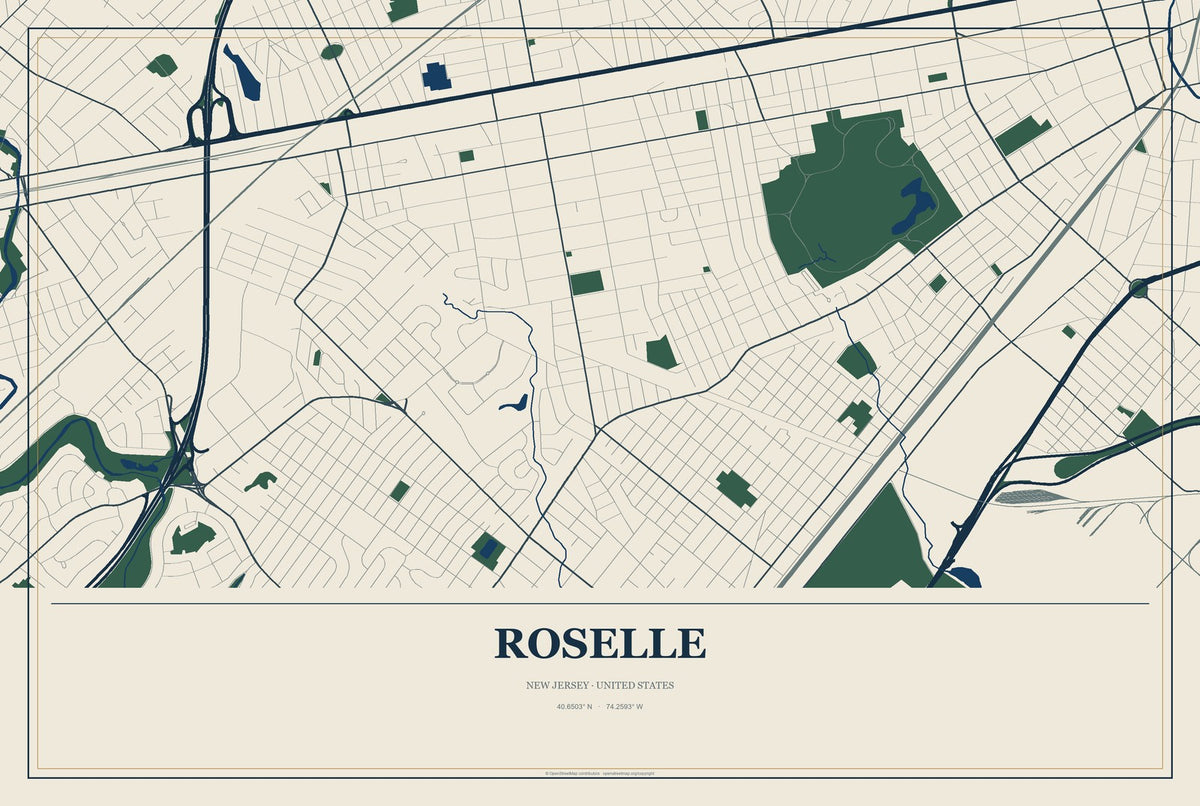 Roselle, New Jersey City Map Aluminum Sign in Coastal Cutout style