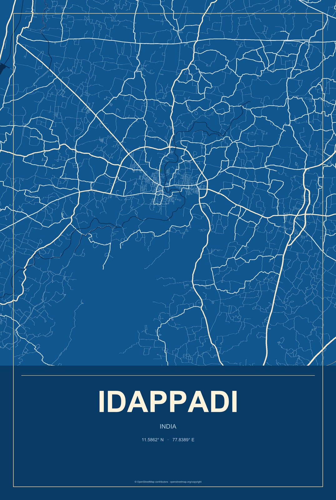 Idappadi, India City Map Aluminum Sign in Harbor Cobalt style