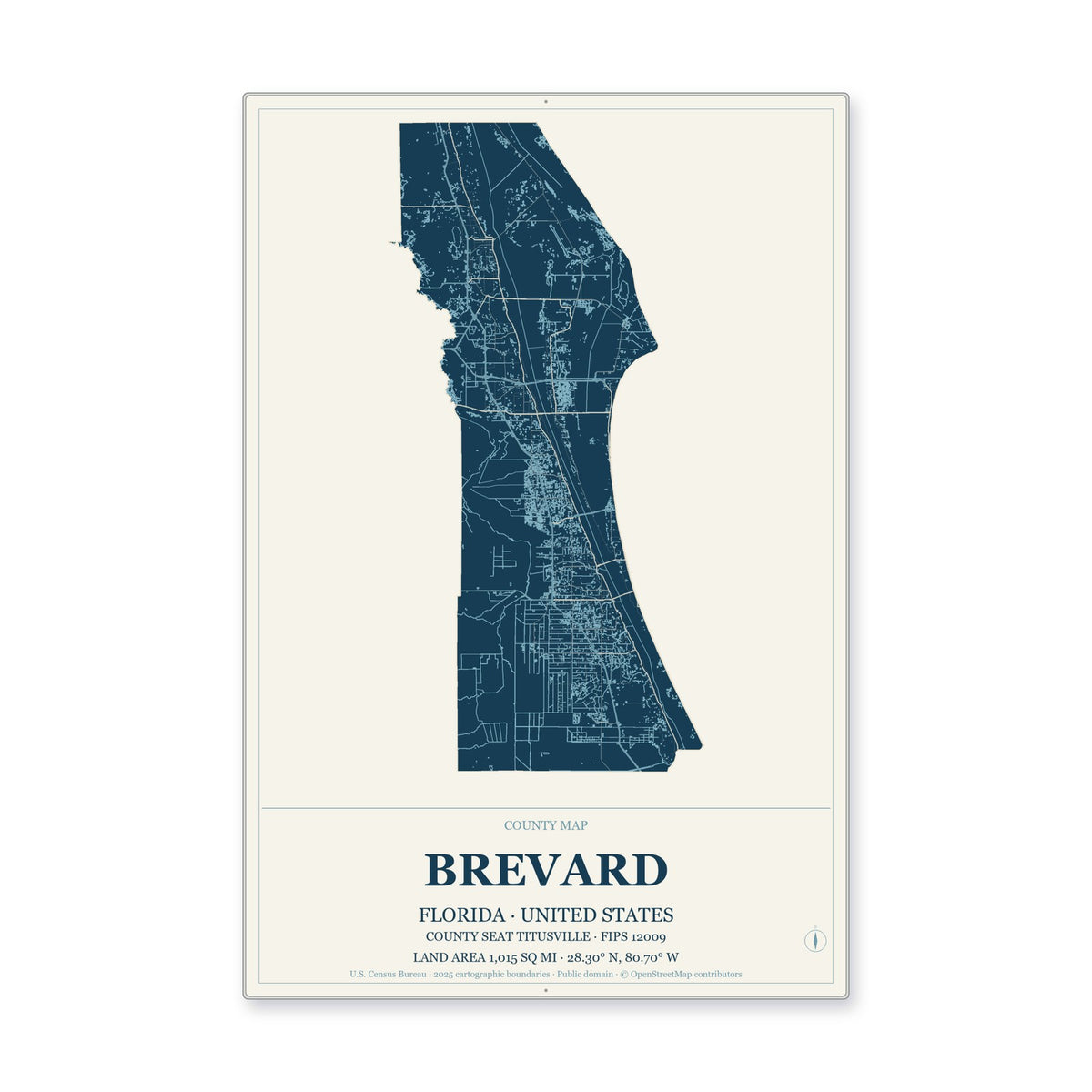 Brevard County, Florida Map Aluminum Sign in Coastal Cutout style