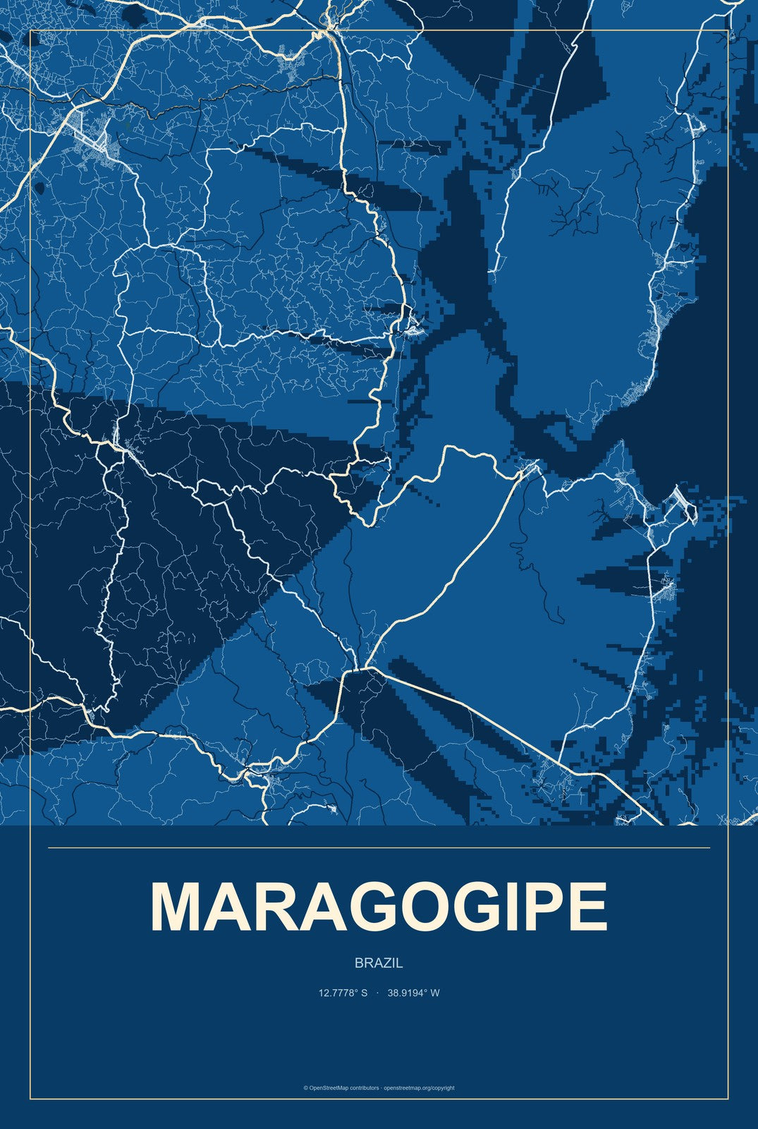 Maragogipe, Brazil City Map Aluminum Sign in Harbor Cobalt style
