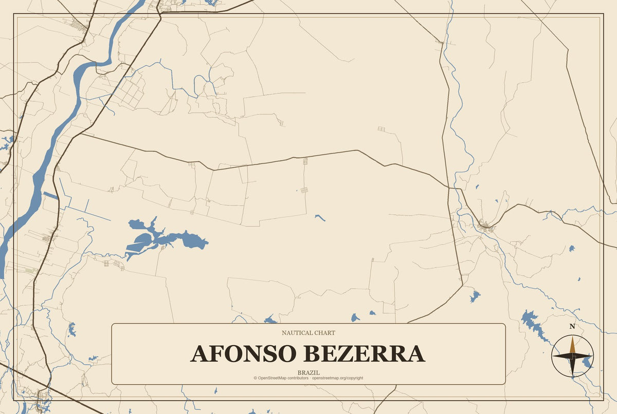 Afonso Bezerra, Brazil City Map Aluminum Sign in Heritage Nautical style