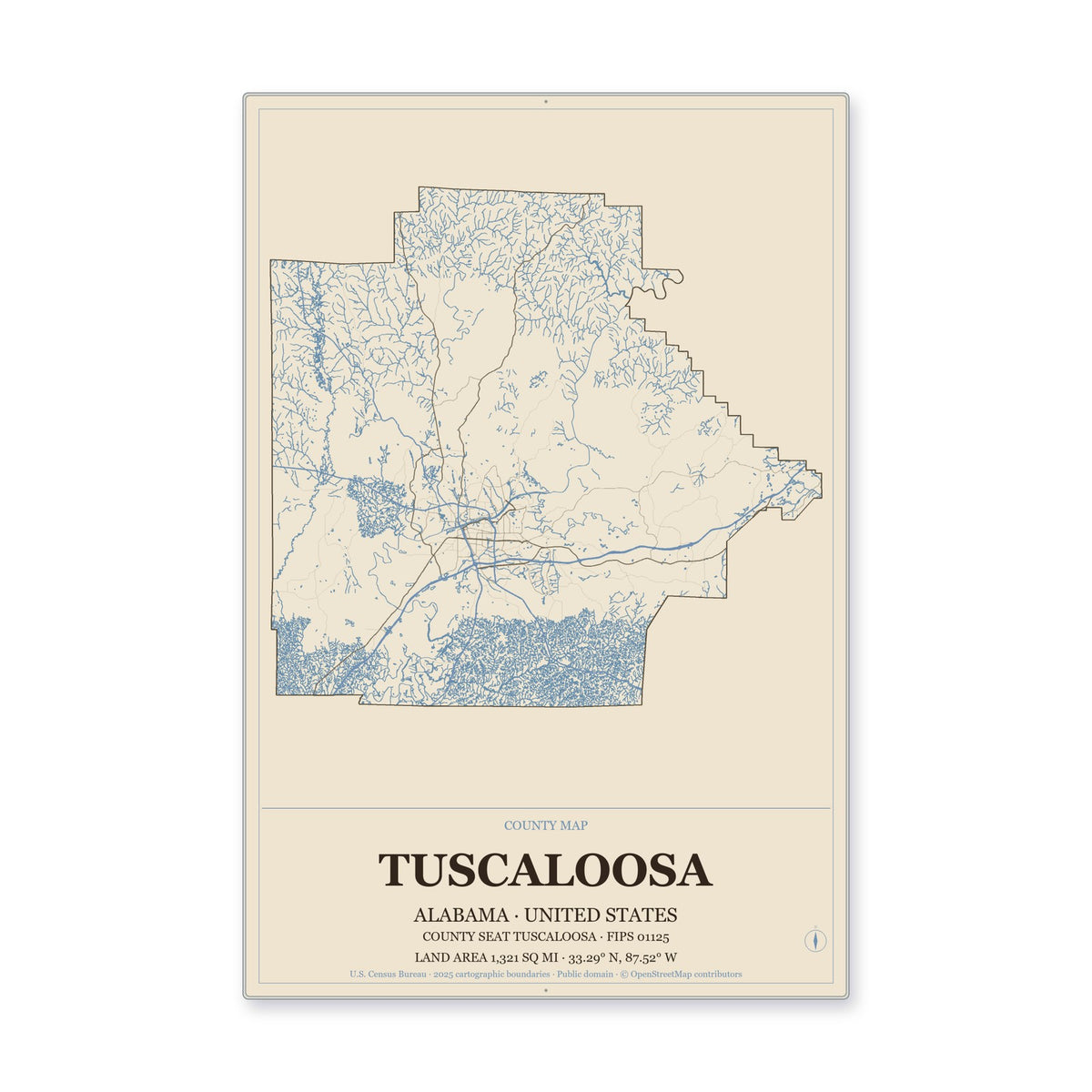 Tuscaloosa County, Alabama Map Aluminum Sign in Heritage Nautical style