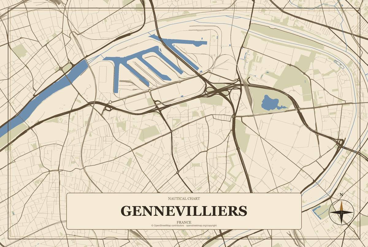 Gennevilliers, France City Map Aluminum Sign in Heritage Nautical style