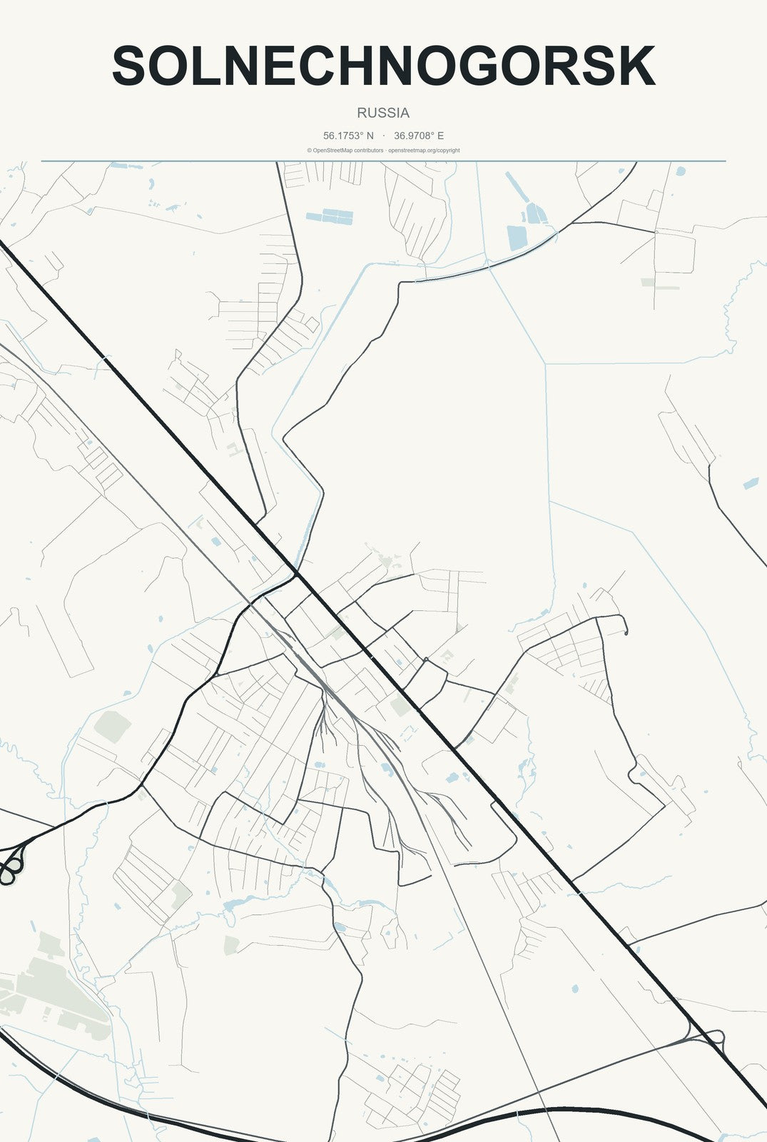 Solnechnogorsk, Russia City Map Aluminum Sign in Headline Atlas style