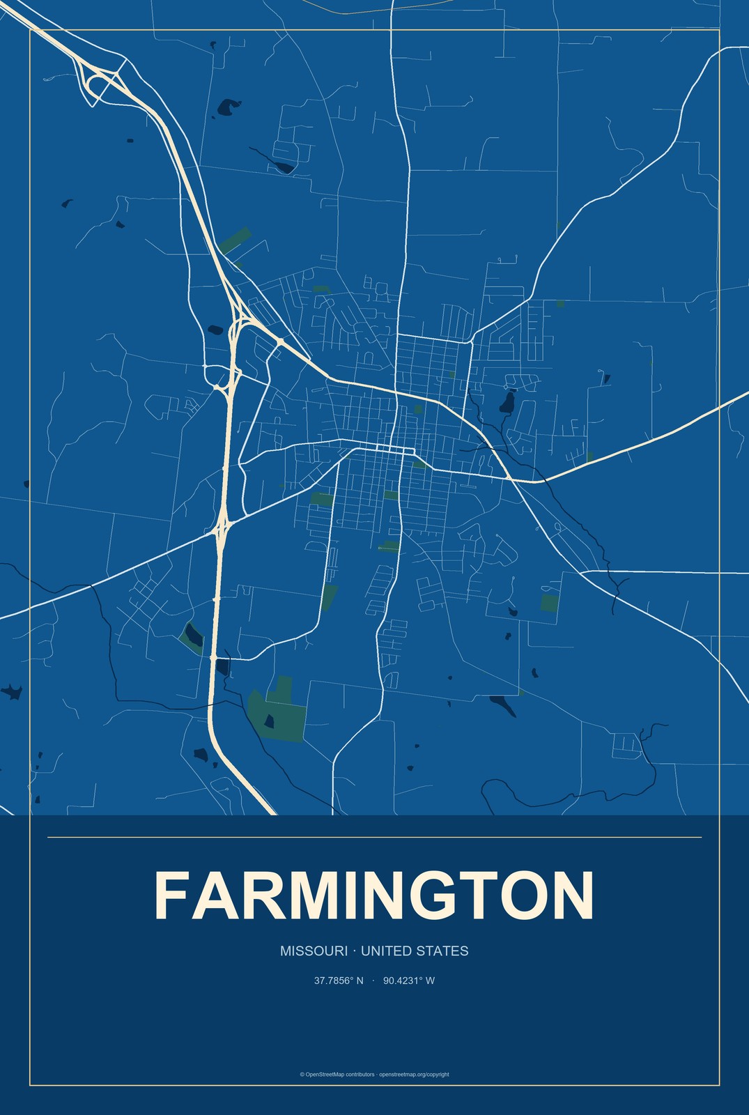 Farmington, Missouri City Map Aluminum Sign in Harbor Cobalt style