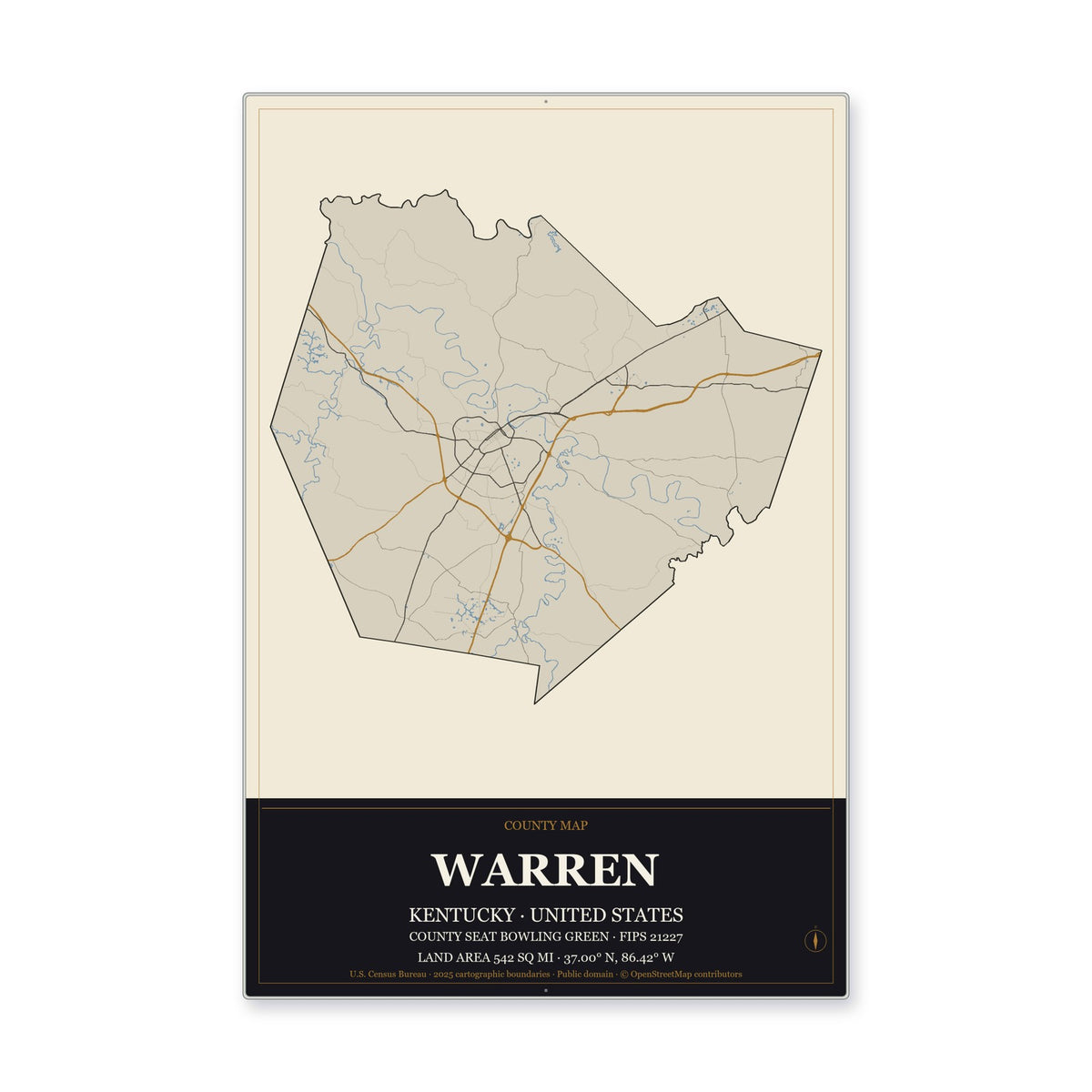 Warren County, Kentucky Map Aluminum Sign in Museum Plaque style