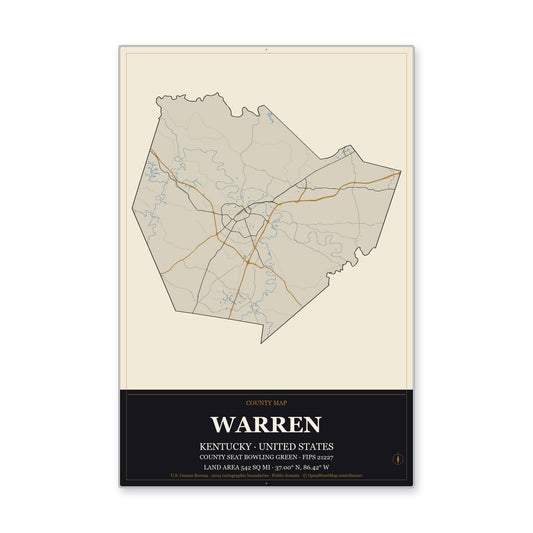 Warren County, Kentucky Map Aluminum Sign in Museum Plaque style