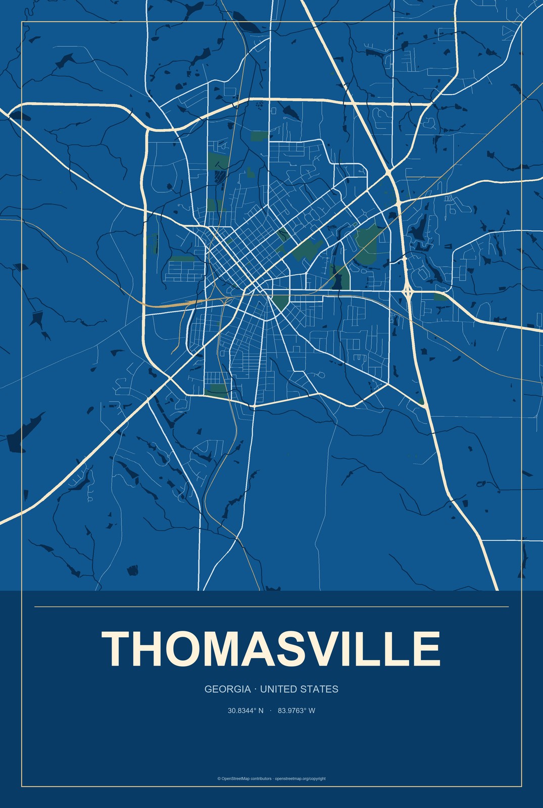 Thomasville, Georgia City Map Aluminum Sign in Harbor Cobalt style