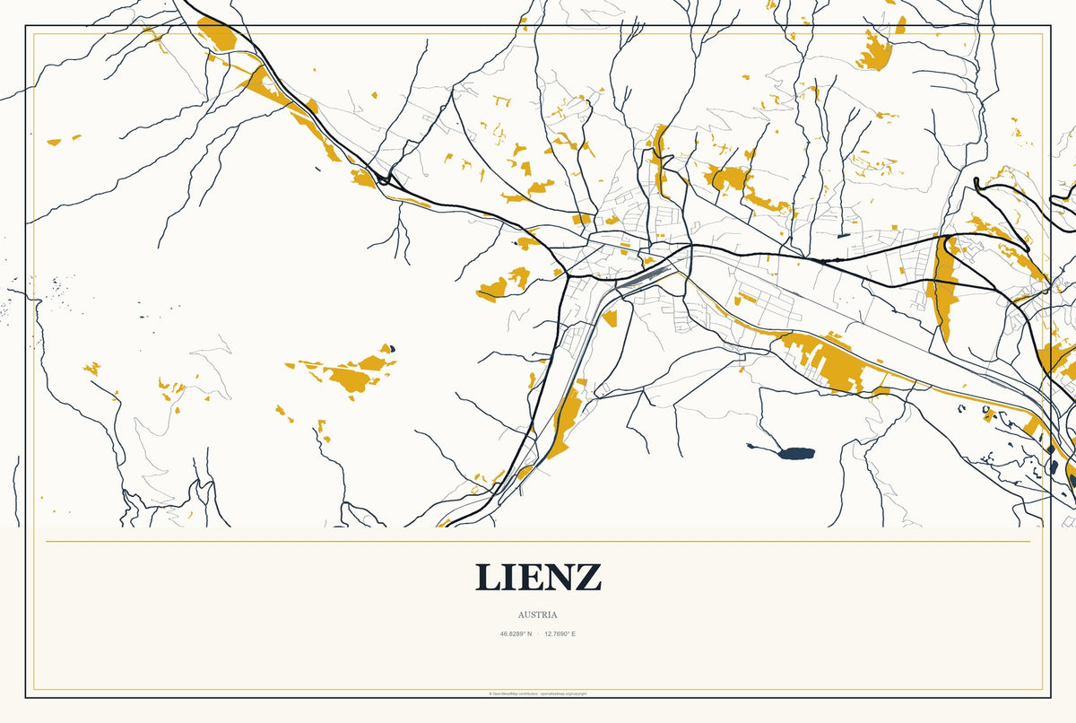 Lienz, Austria City Map Aluminum Sign in Citrine Modern style