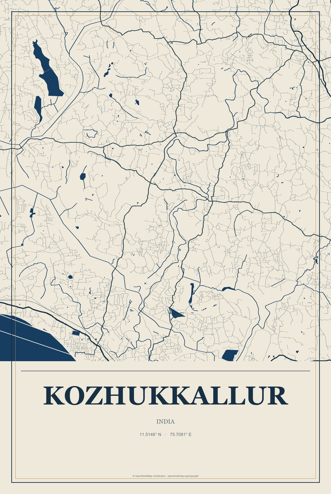 Kozhukkallur, India City Map Aluminum Sign in Coastal Cutout style