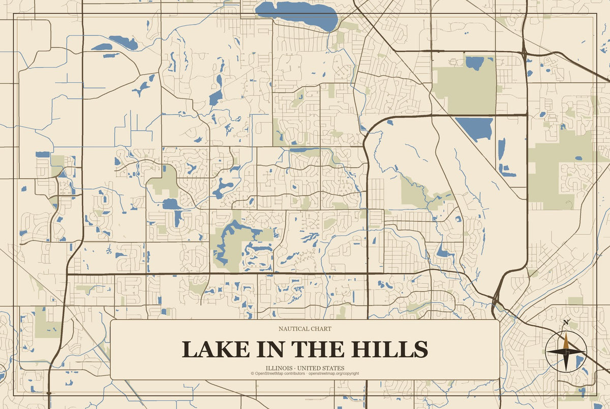 Lake in the Hills, Illinois City Map Aluminum Sign in Heritage Nautical style