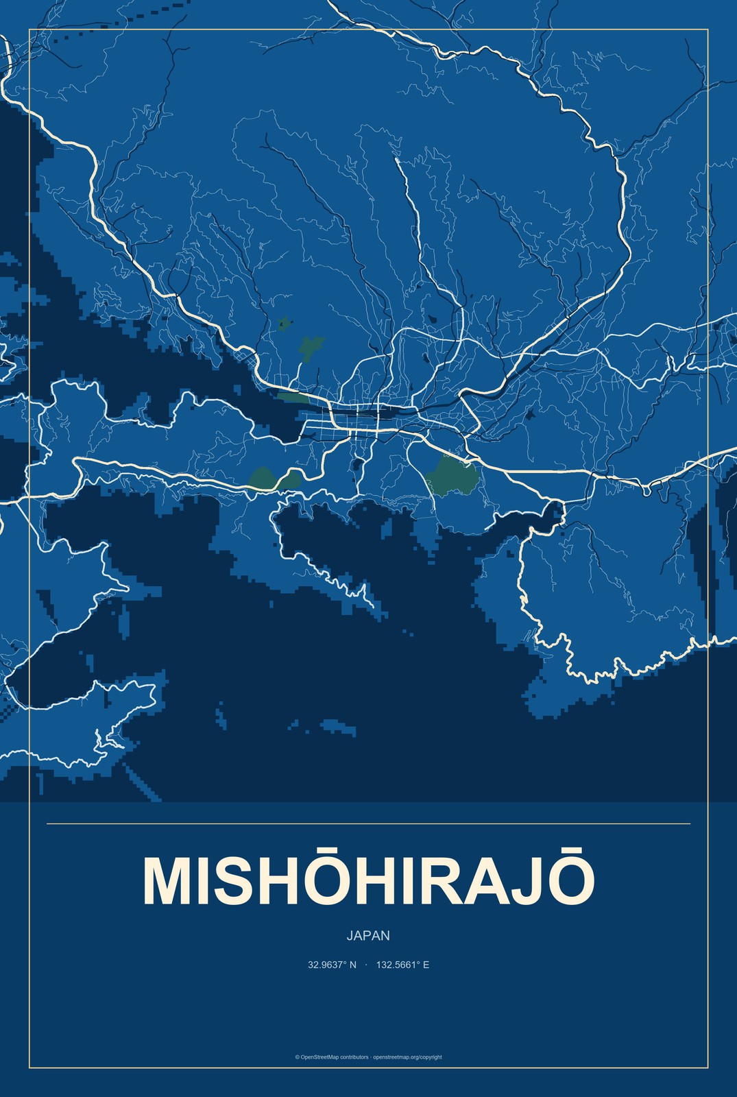 Mishōhirajō, Japan City Map Aluminum Sign in Harbor Cobalt style