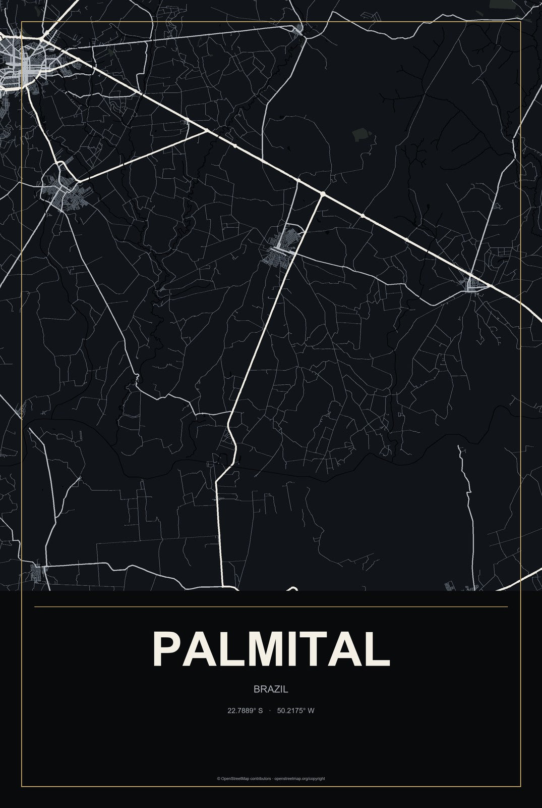 Palmital, São Paulo, Brazil City Map Aluminum Sign in Metropolitan Noir style