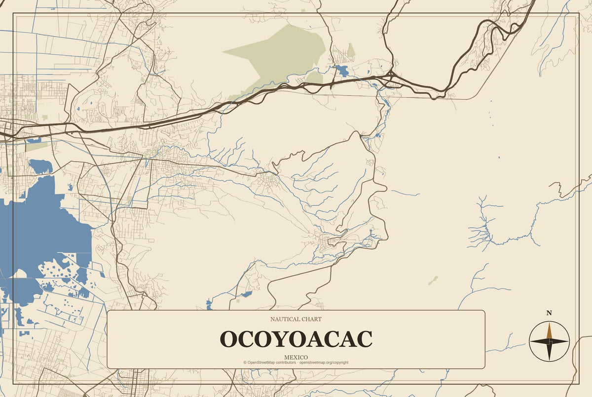 Ocoyoacac, Mexico City Map Aluminum Sign in Heritage Nautical style