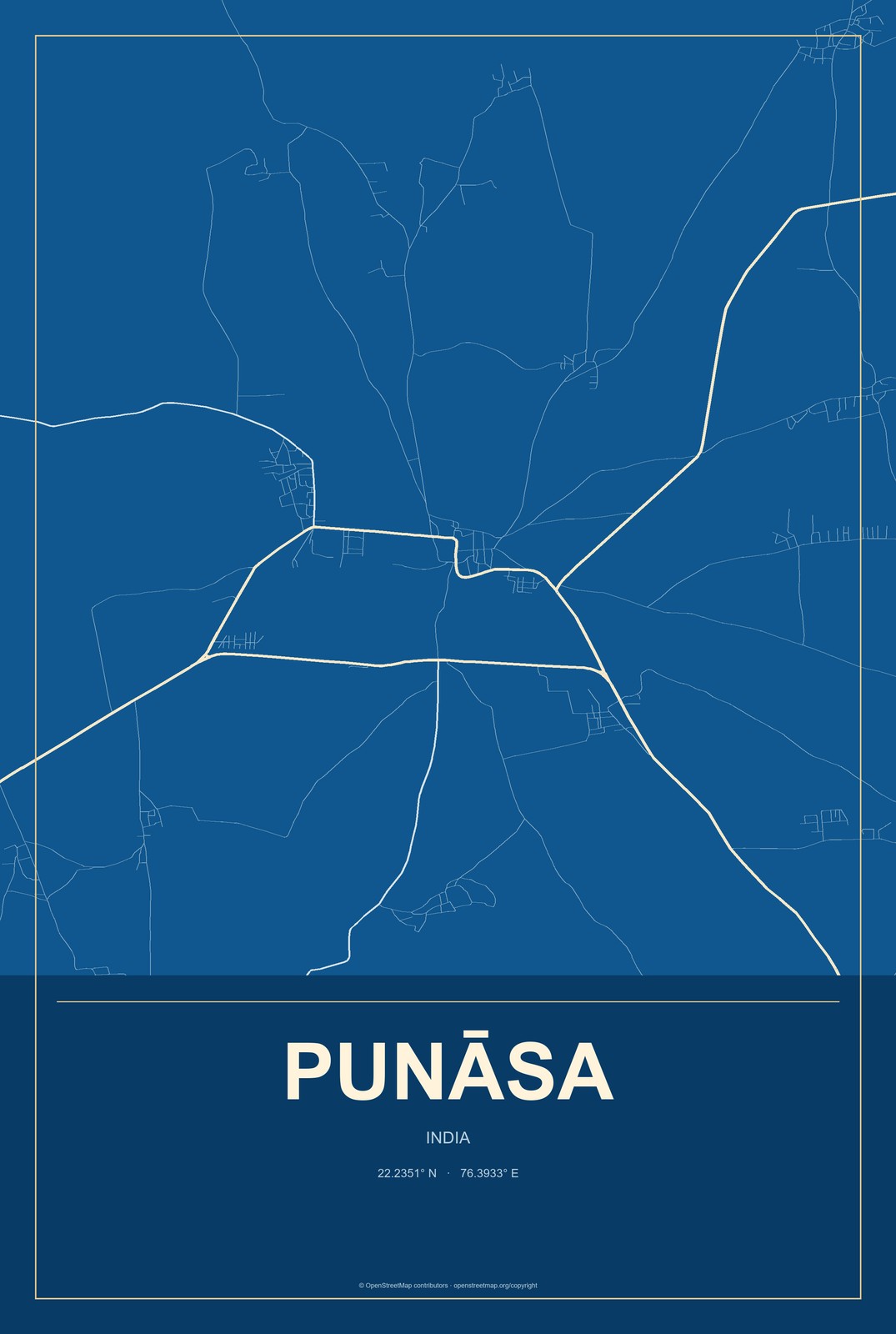 Punāsa, India City Map Aluminum Sign in Harbor Cobalt style