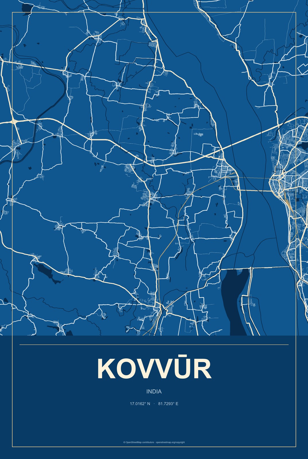 Kovvūr, India City Map Aluminum Sign in Harbor Cobalt style