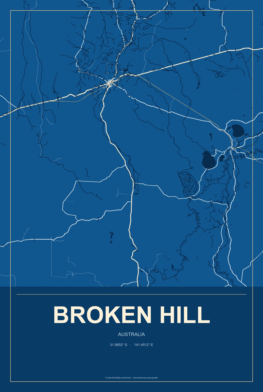 Broken Hill, Australia City Map Aluminum Sign in Harbor Cobalt style