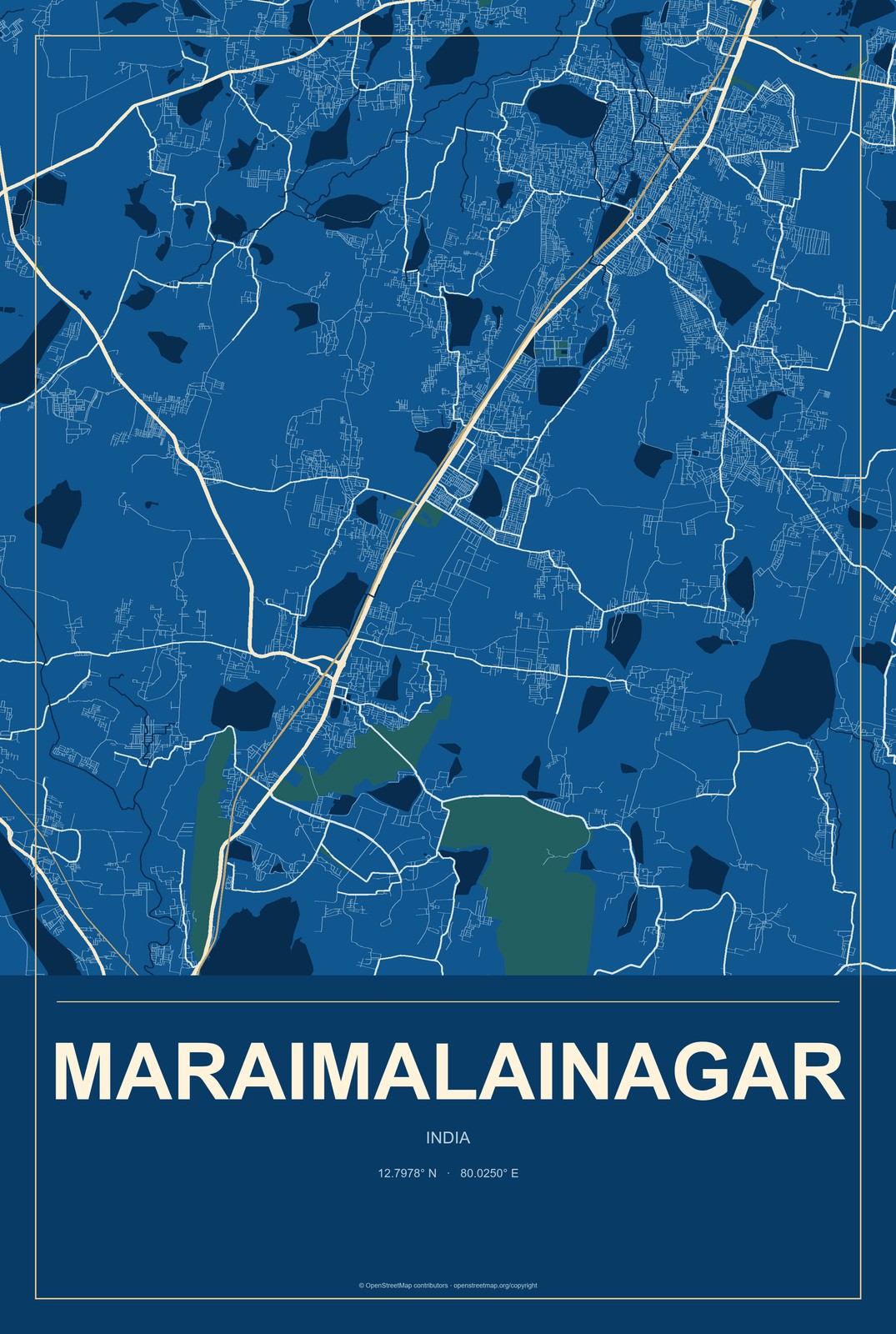 Maraimalainagar, India City Map Aluminum Sign in Harbor Cobalt style
